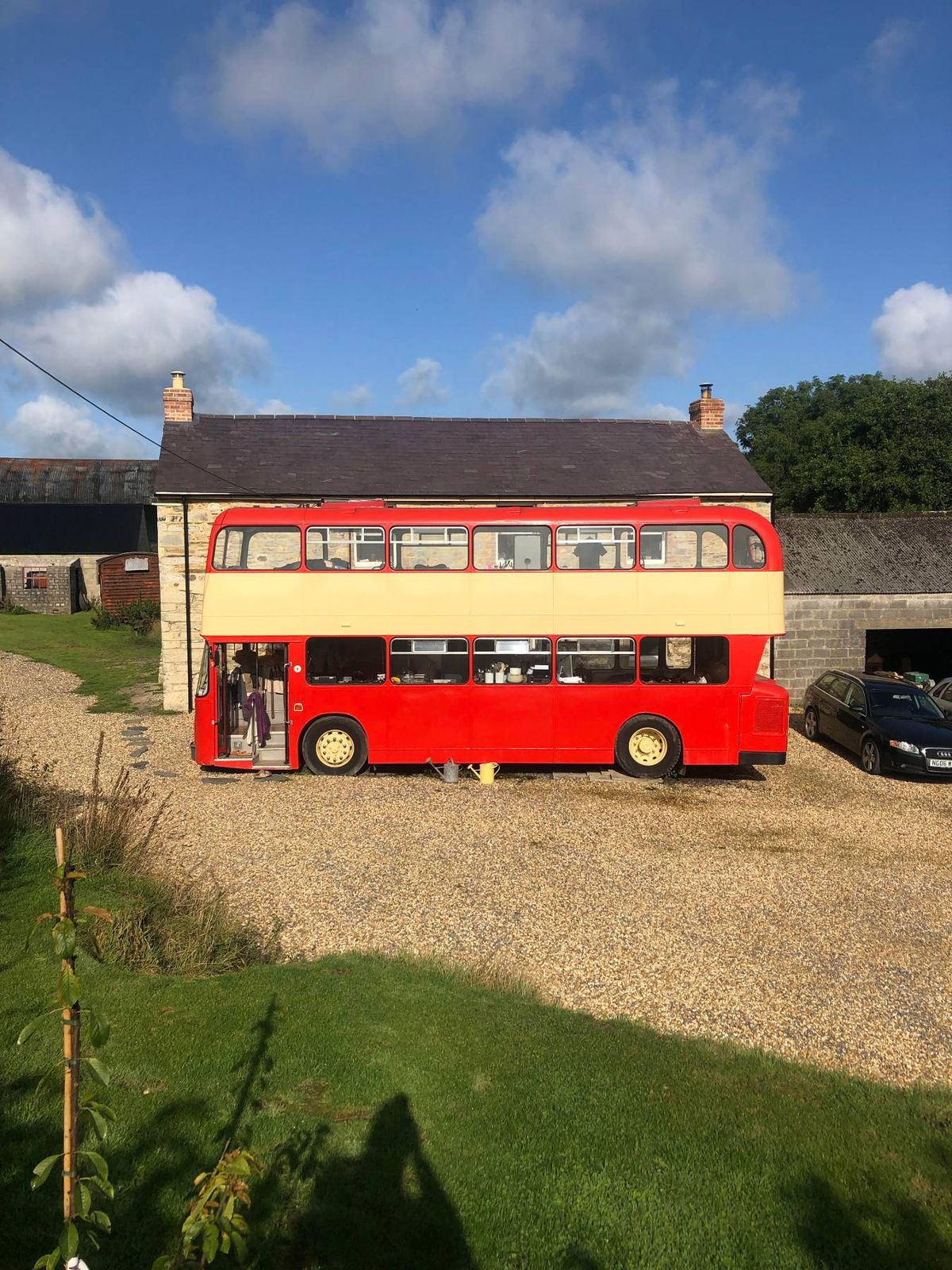 The renovated bus the couple lived in