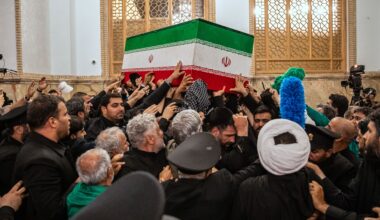 In this photo released by Iran's Supreme Leader's office, mourners carry the coffin of the late Iranian Supreme Leader Ayatollah Ali Khamenei above the crowd for the final prayer before his burial at the Imam Reza Shrine in Mashhad, northeastern Iran, Thursday, July 9, 2026. (Office of the Iranian Supreme Leader via AP)