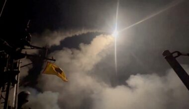 Missiles are fired into the sky, said to be, for an operation against the Yemen's Houthis at an unidentified location in this screengrab