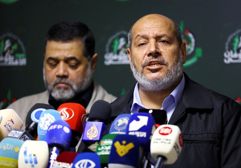 Khalil Al-Hayya at a media conference in Beirut, shortly after Israel’s war on Gaza began