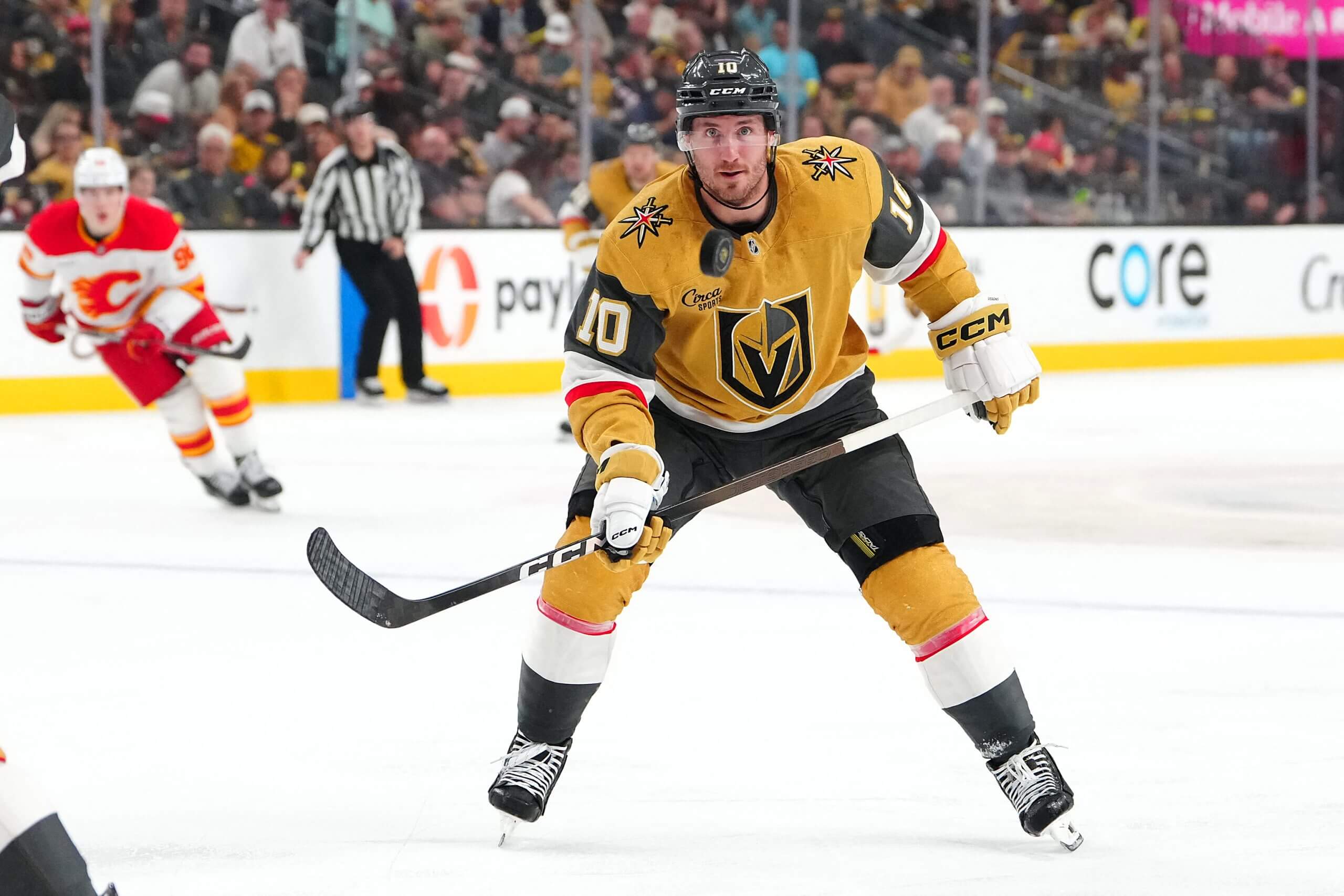 Colton Sissons eyes a falling puck during a Golden Knights game.