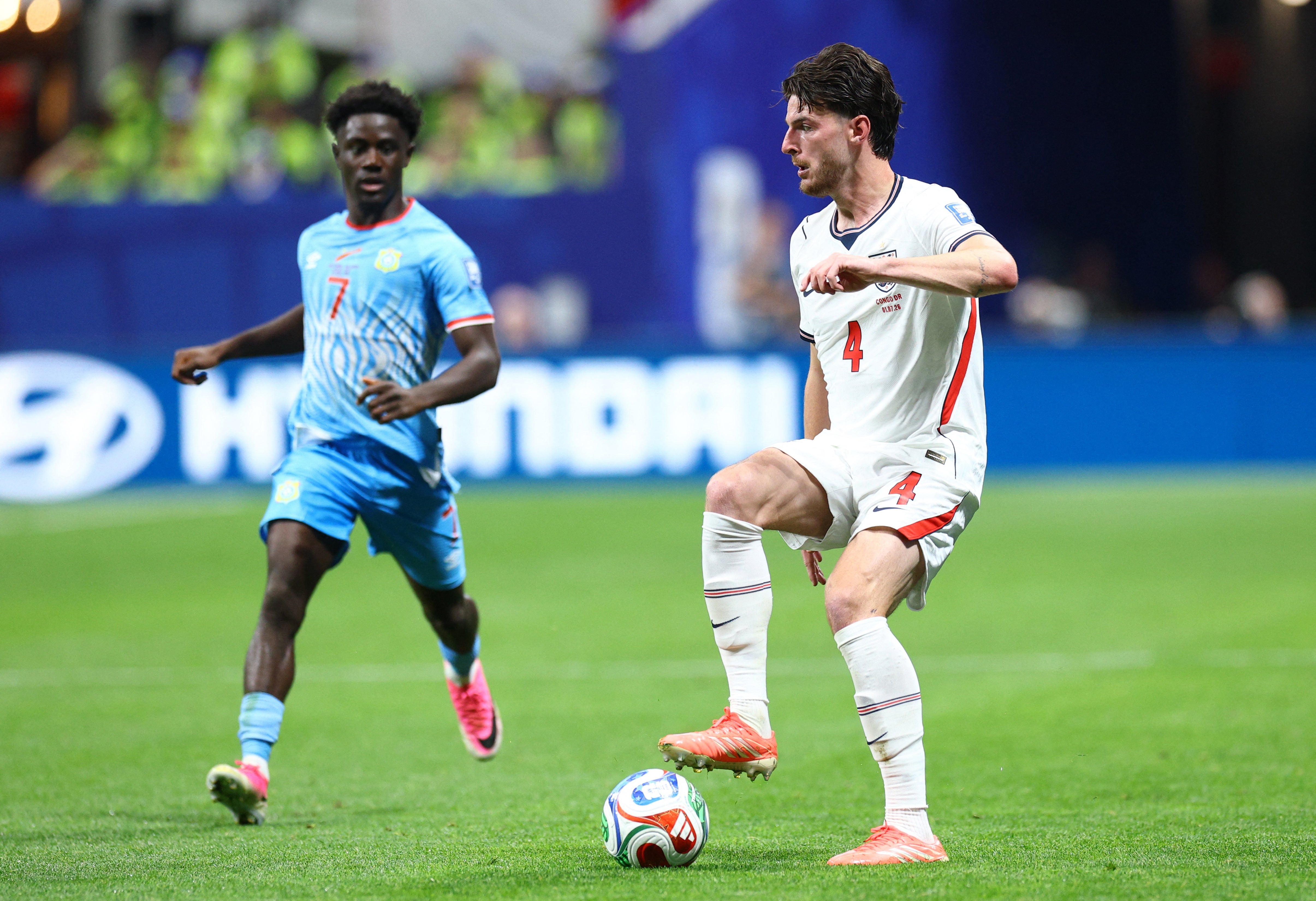 England's Declan Rice in action with DR Congo's Nathanael Mbuku