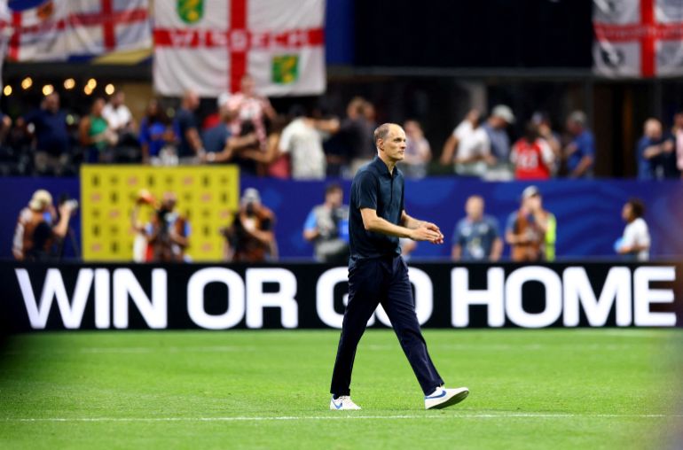 Soccer Football - FIFA World Cup 2026 - Round of 32 - England v DR Congo - Atlanta Stadium, Atlanta, Georgia, U.S. - July 1, 2026 England manager Thomas Tuchel celebrates after the match as England qualify for the round of 16 stage of the World Cup REUTERS/Claudia Greco TPX IMAGES OF THE DAY