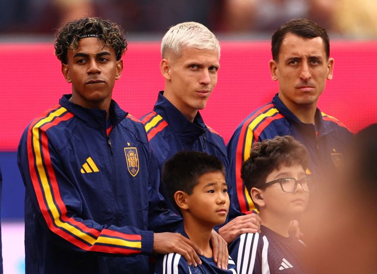 Spain's Lamine Yamal lines up with Dani Olmo and Mikel Oyarzabal at FIFA world Cup 2026