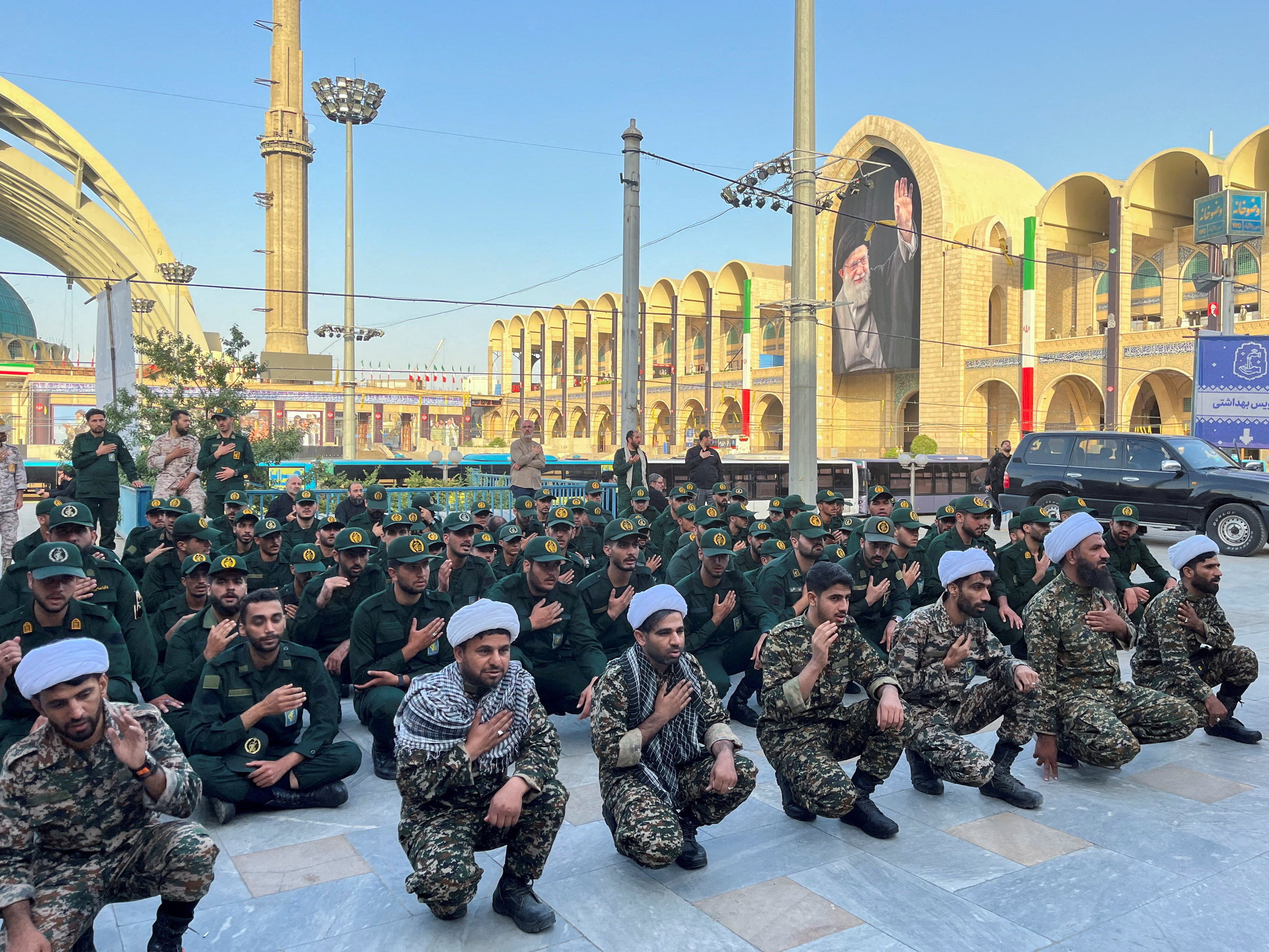 Members of the Basij paramilitary forces gather on the day international delegates participate in a farewell ceremony for Iran's late Supreme Leader Ayatollah Ali Khamenei