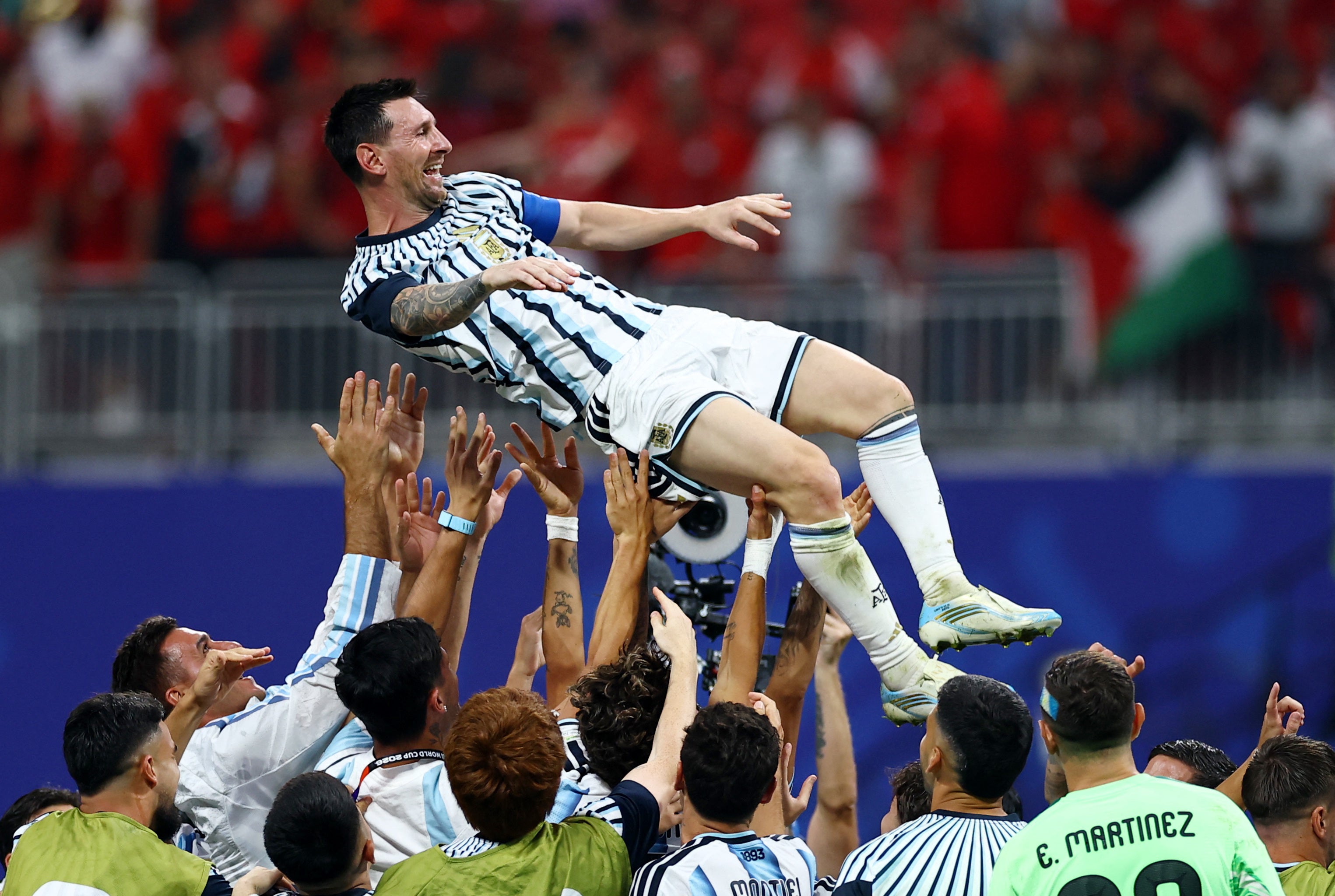 Lionel Messi was hoisted aloft by his Argentina teammates after the win over Egypt