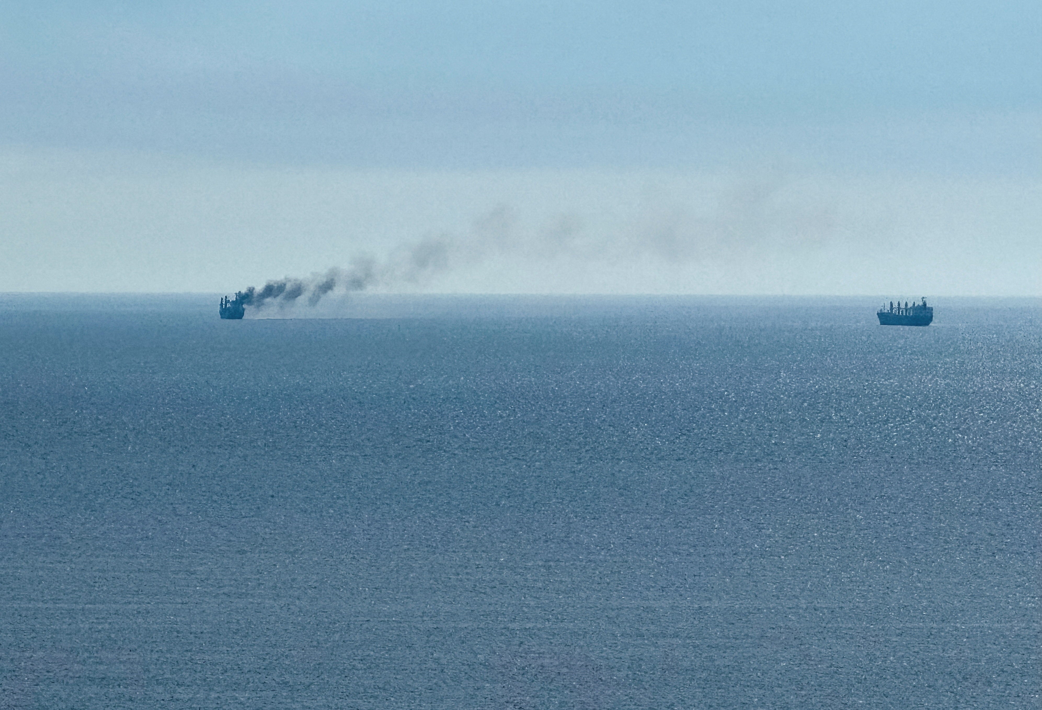 A civilian vessel is on fire, as Ukraine's navy spokesman reported a Russian military strike on a civilian vessel, amid Russia's attack on Ukraine, near the Black Sea port of Odesa, Ukraine