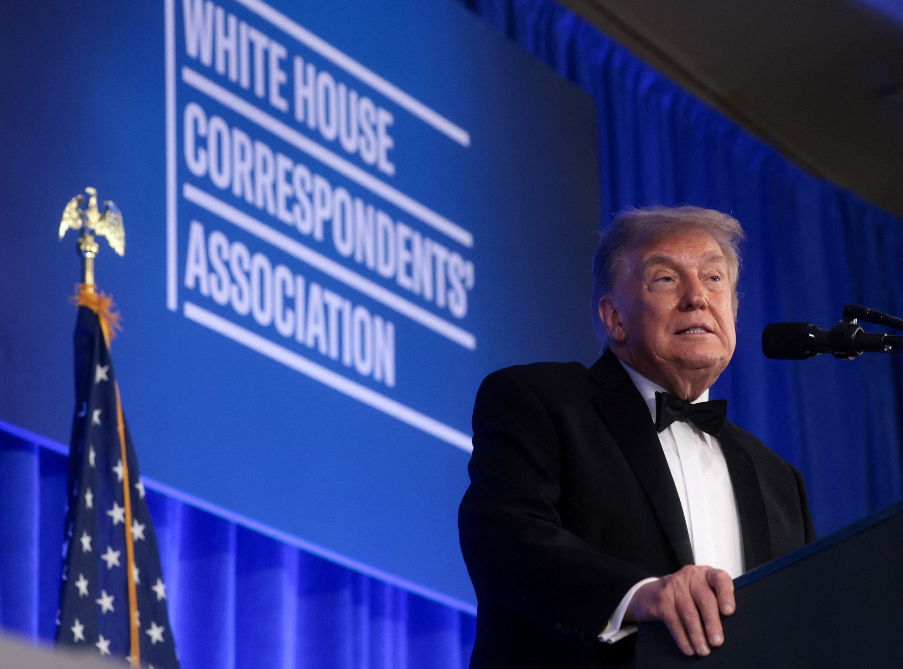 U.S. President Donald Trump delivers remarks at the White House Correspondents' Association (WHCA) Dinner, which was rescheduled from April after it was interrupted when a man tried to force his way through security and fired a shotgun, at the Waldorf Astoria hotel in Washington, D.C., U.S., July 24, 2026.