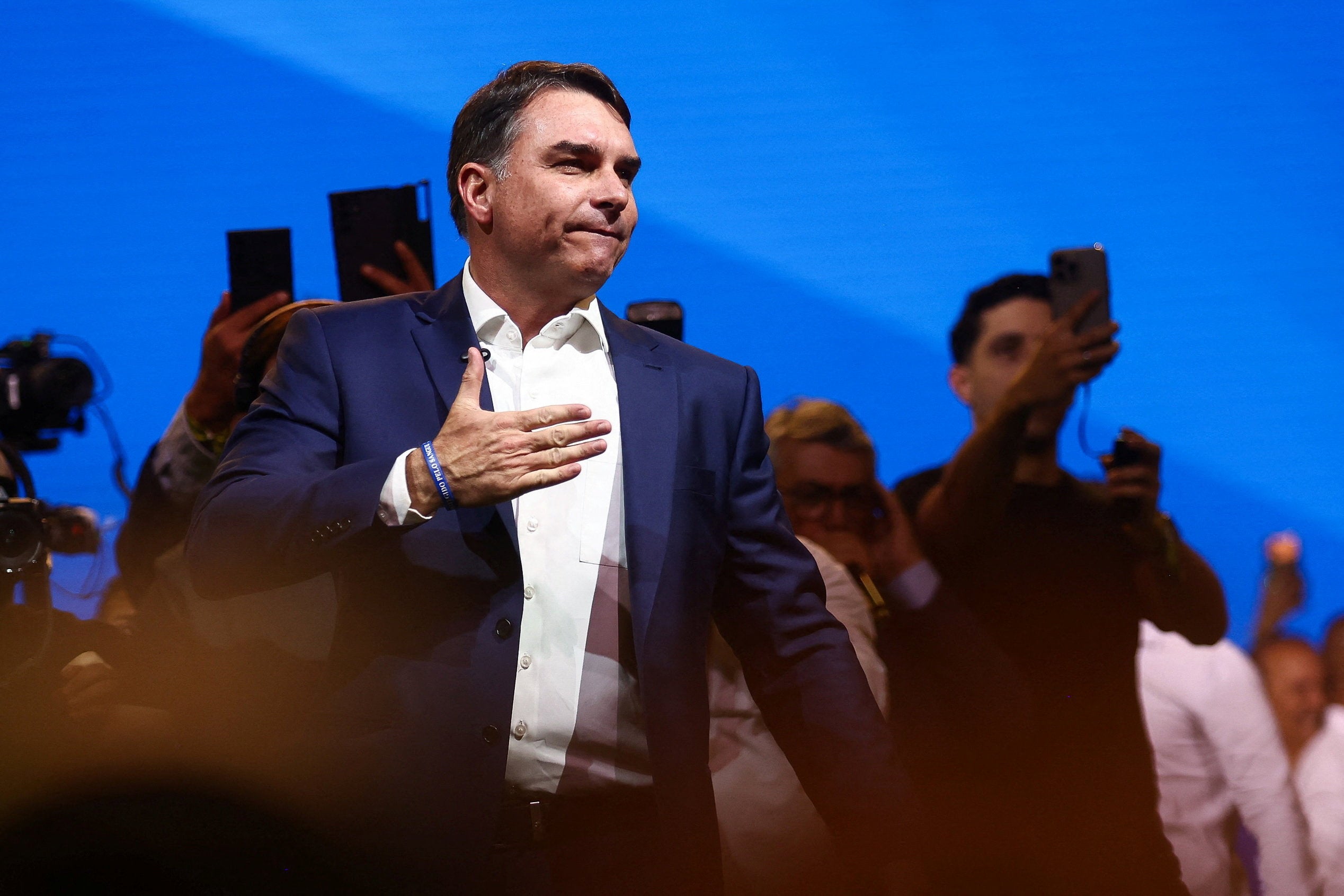 Senator Flavio Bolsonaro as he is announced at the candidate for Brazil's presidential elections in July