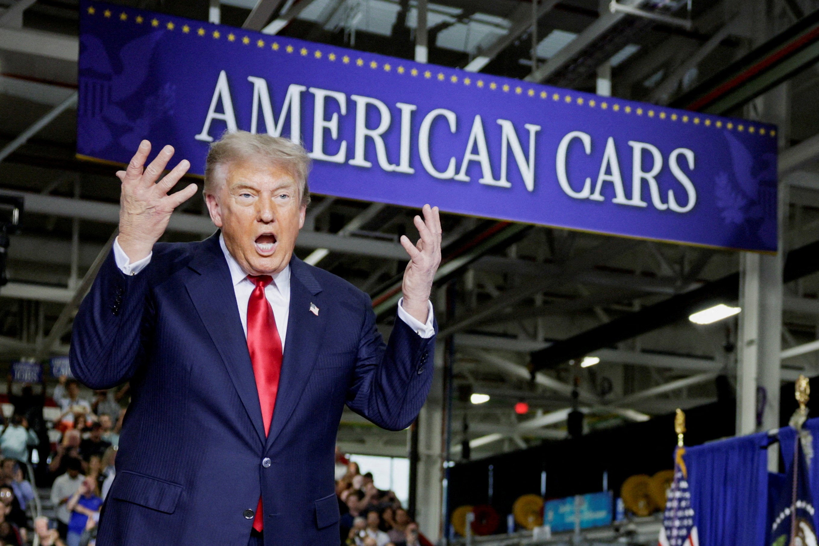President Donald Trump delivers remarks during an event at the General Motors Milford Proving Ground in Milford, Michigan