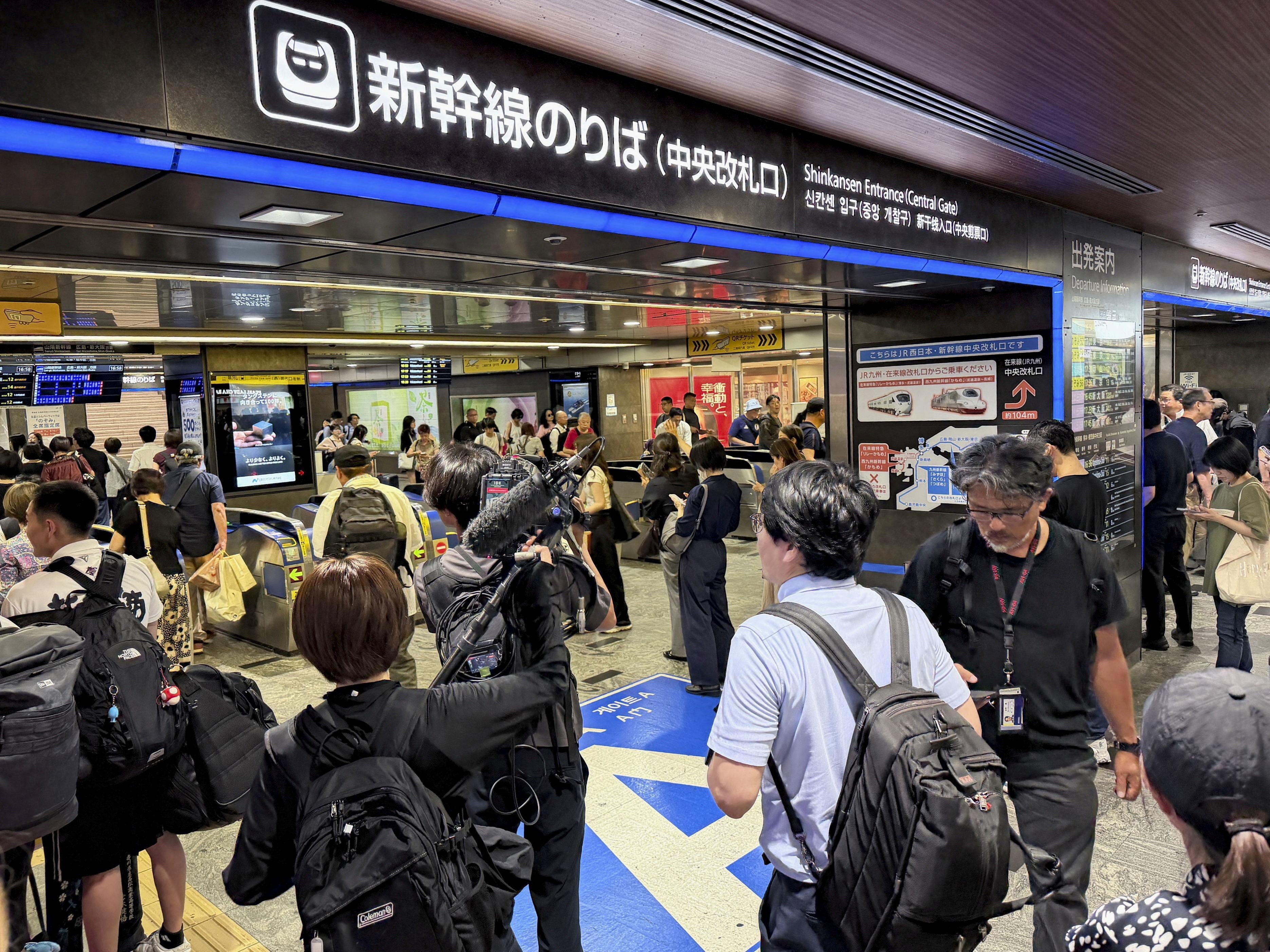 The crowded Hakata JR station in Fukuoka, southern Japan, after Kyushu Shinkansen operations were suspended due to an earthquake with a preliminary magnitude of 7.1,