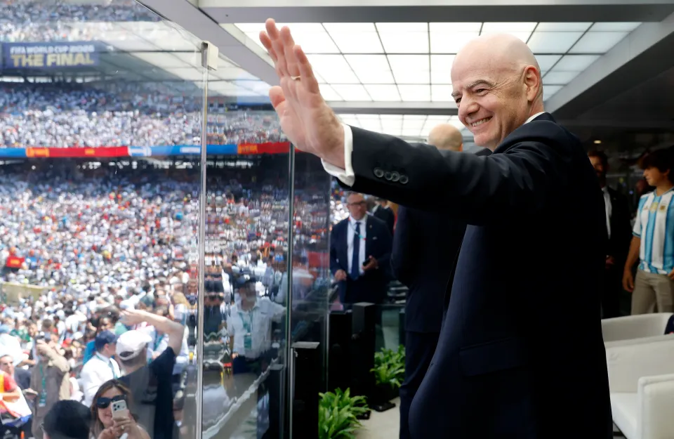 Gianni Infantino waves from inside the MetLife Stadium before the World Cup final