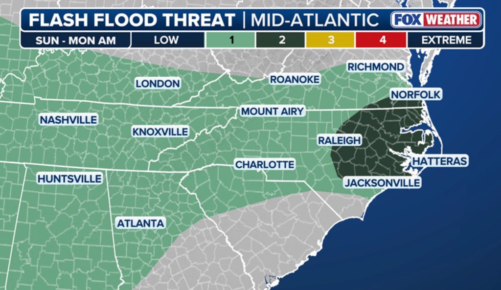 Map showing a flash flood threat for the Mid-Atlantic region, with a "low" threat for most areas and a higher threat for eastern North Carolina and parts of southeastern Virginia.