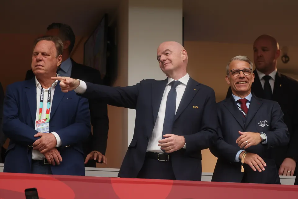 FIFA president Gianni Infantino points to the crowd during Colombia vs Switzerland