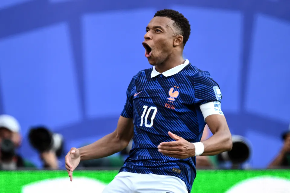 Kylian Mbappe celebrates a goal for France at the World Cup