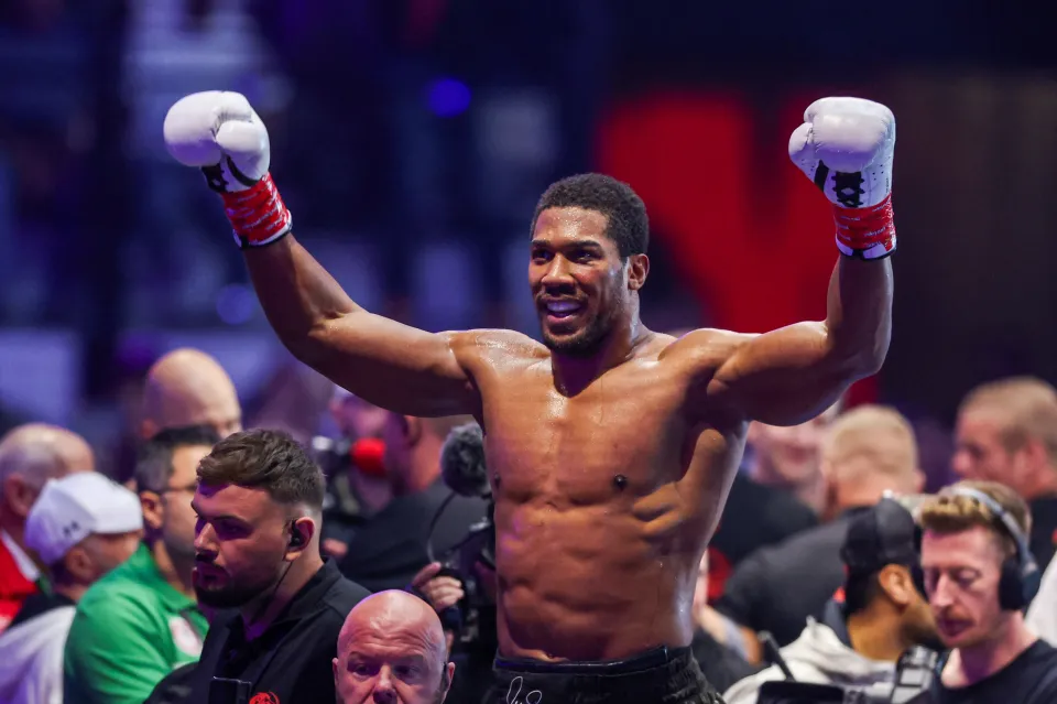 Britain's boxer Anthony Joshua celebrates winning against Albania's boxer Kristian Prenga
