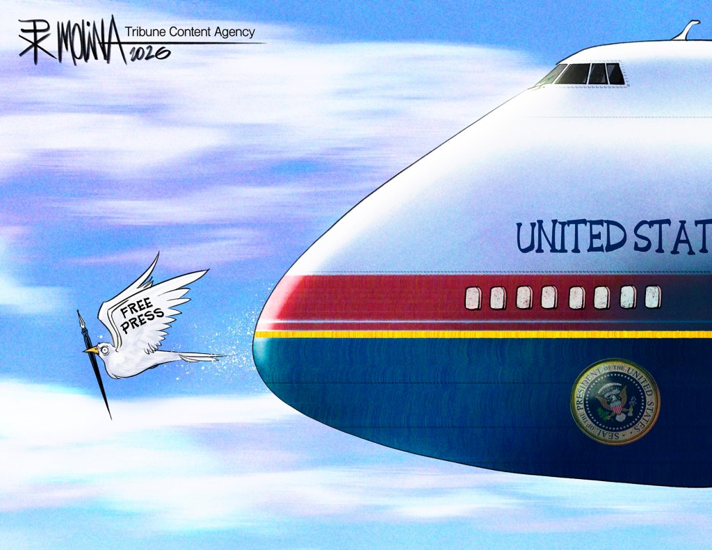 A cartoon by Pedro Molina showing Air Force One flying into a bird labeled "free press."
