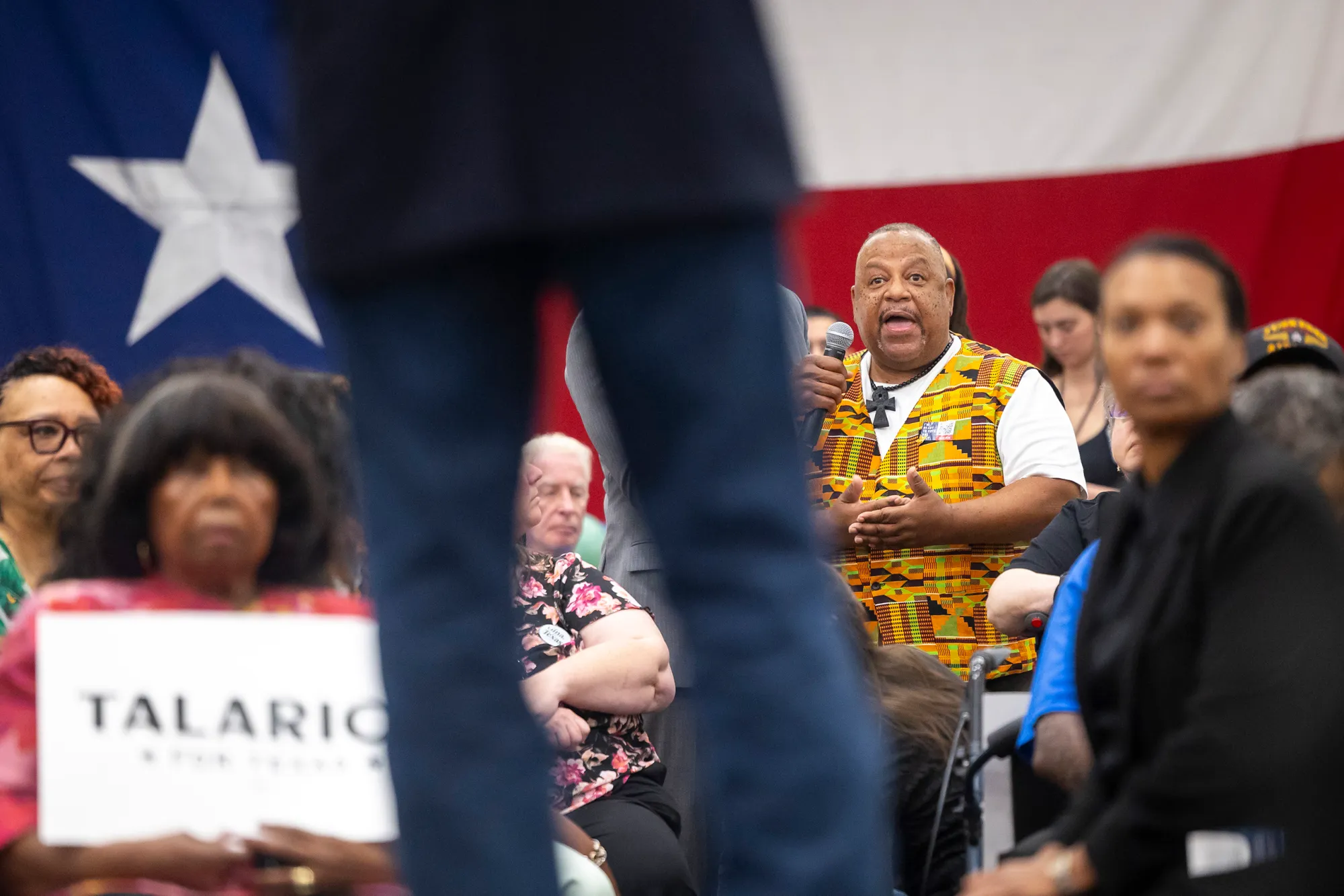 Earnest “Babalola” Goodrich Sr. asks James Talarico a question during a town hall meeting at Kingdom Builders Center on Sunday, July 19, 2026, in Houston.