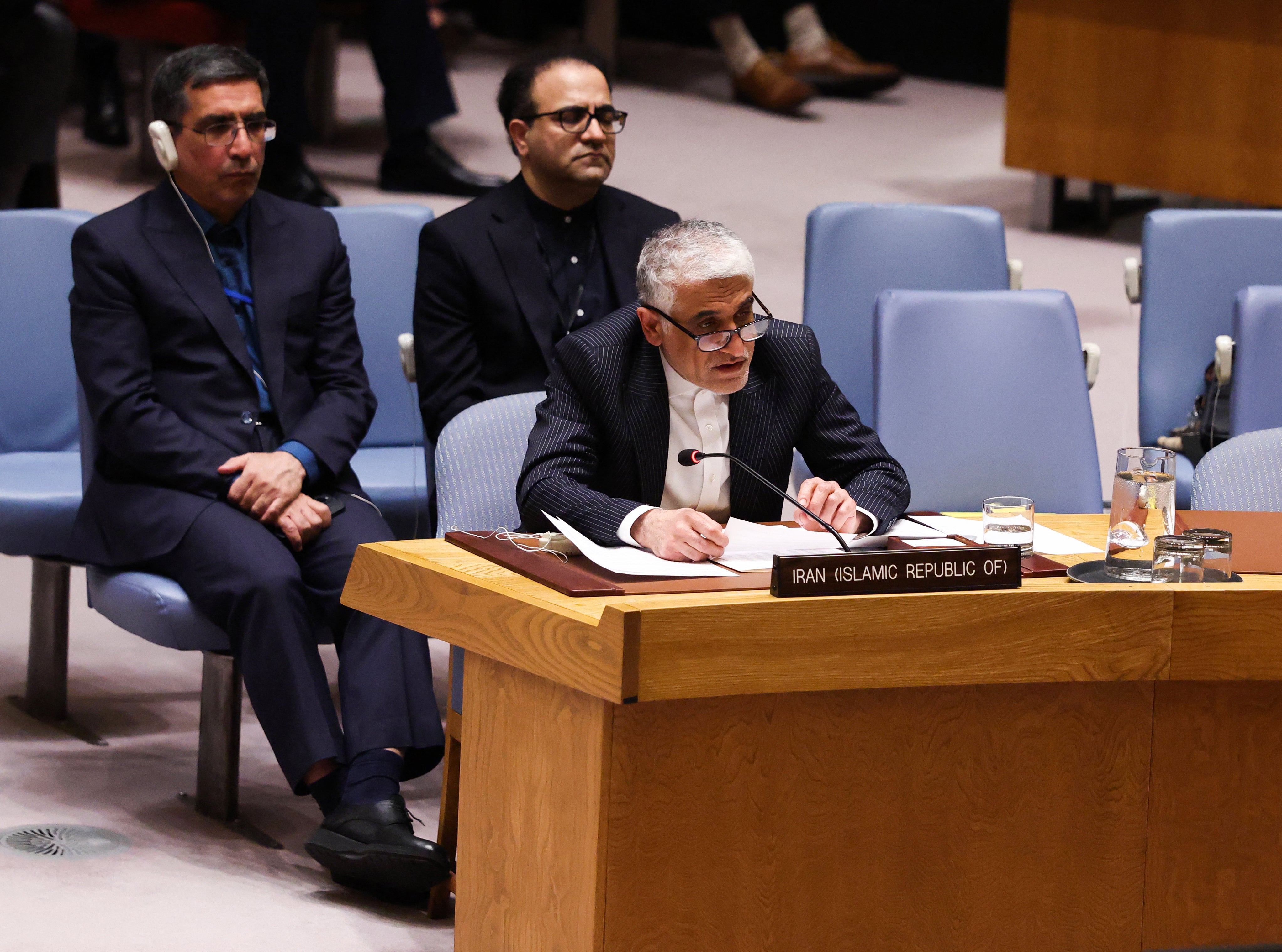 Amir-Saeid Iravani, Iran's Permanent Representative to the United Nations, speaks at a Security Council meeting at UN headquarters in New York