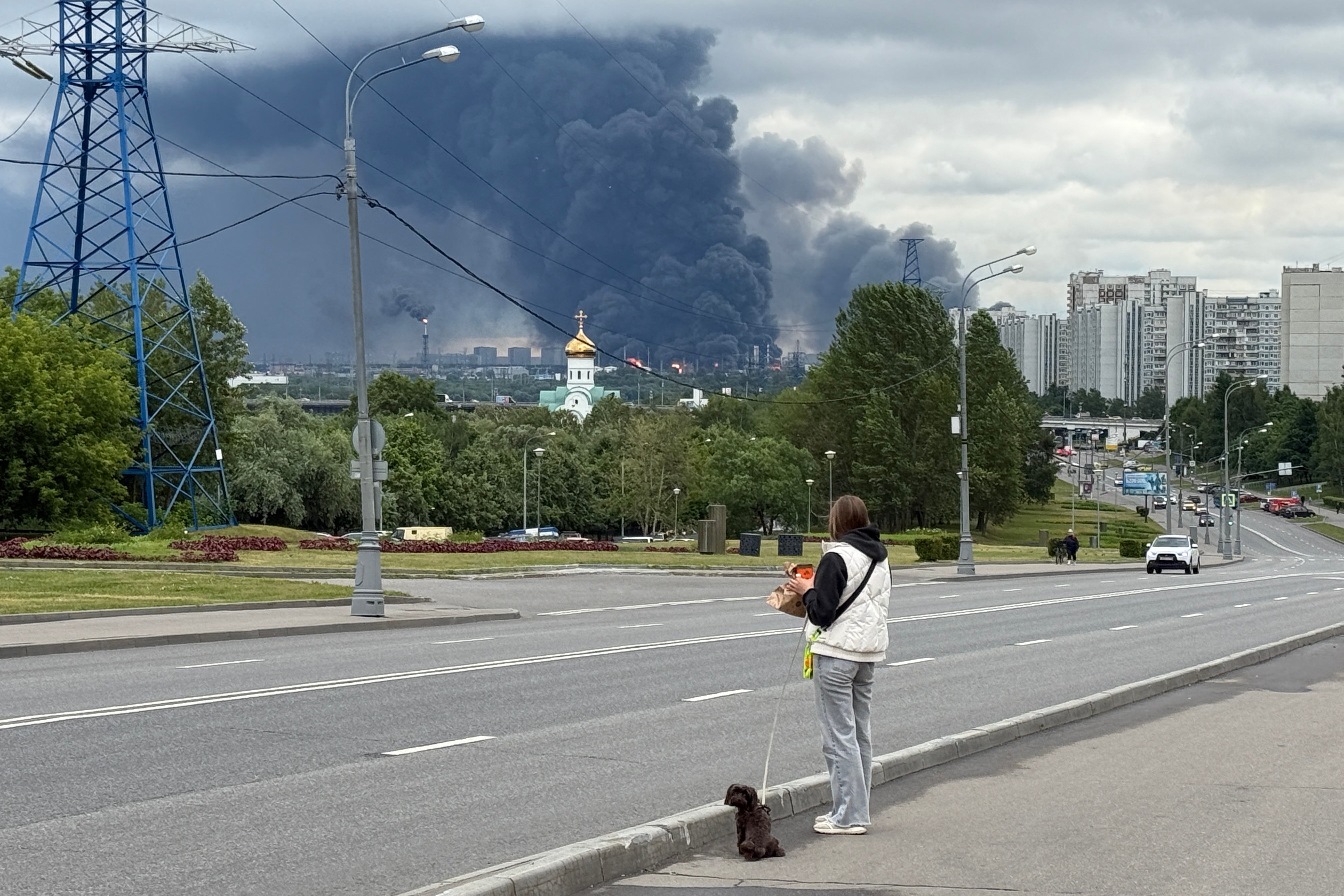 Black smoke rises from the area of the Russian oil producer Gazprom Neft's Moscow oil refinery