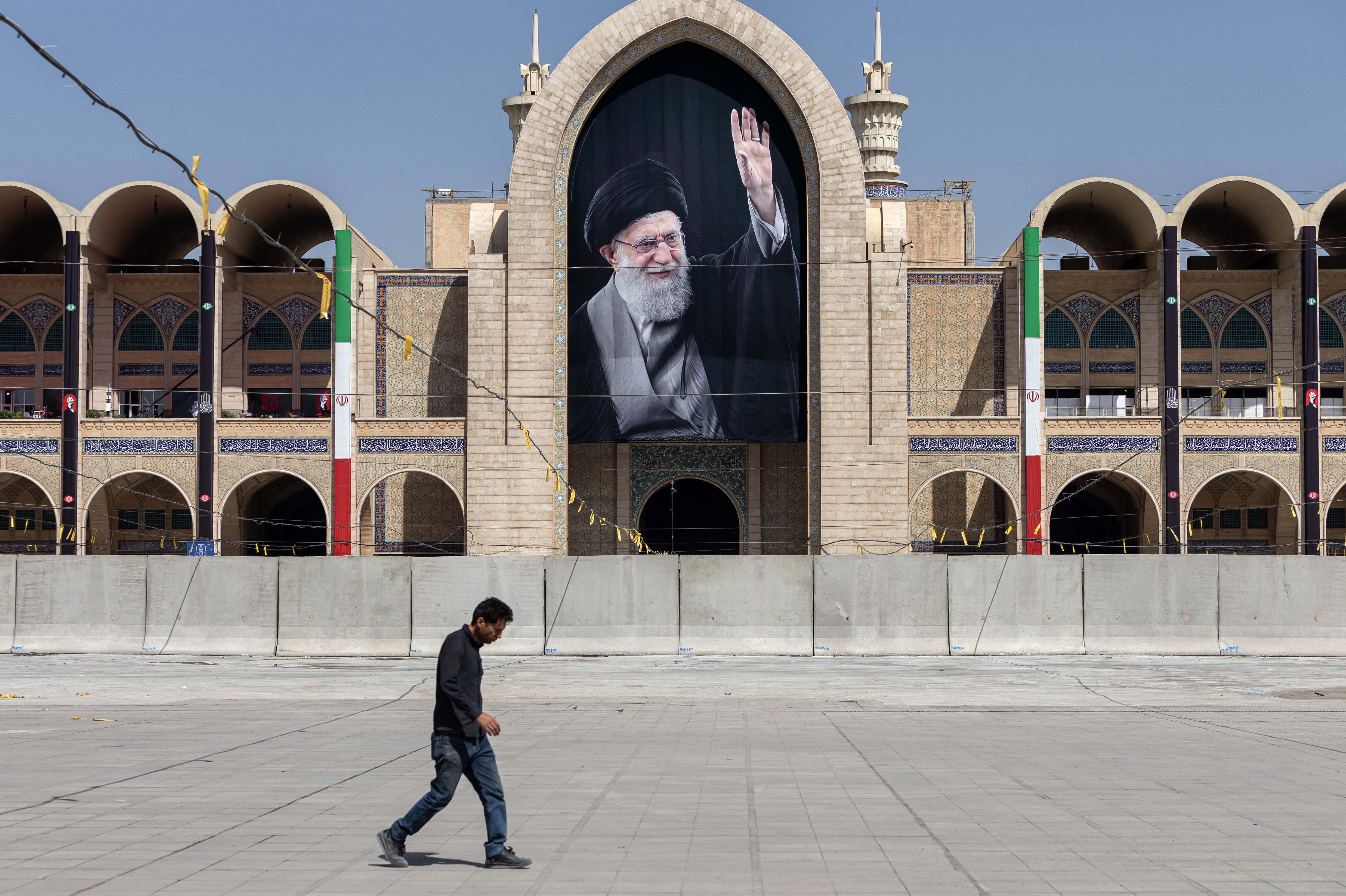 Ayatollah Ali Khamenei will be buried after a six day procession (Pictured: a poster at Imam Khomeini Grand Mosque on July 3, 2026 in Tehran)