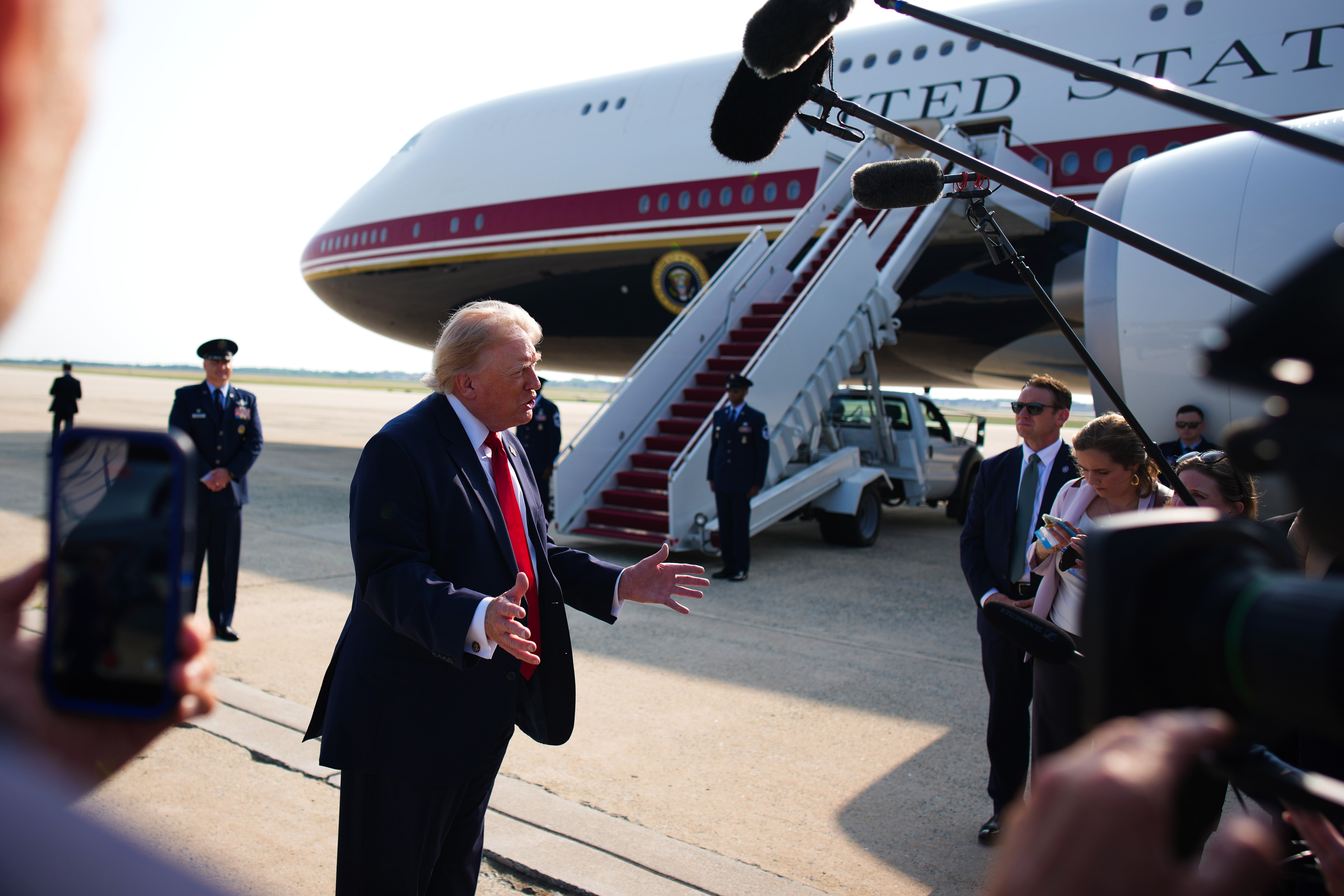 The new plane features Trump’s preferred red, white and blue color scheme