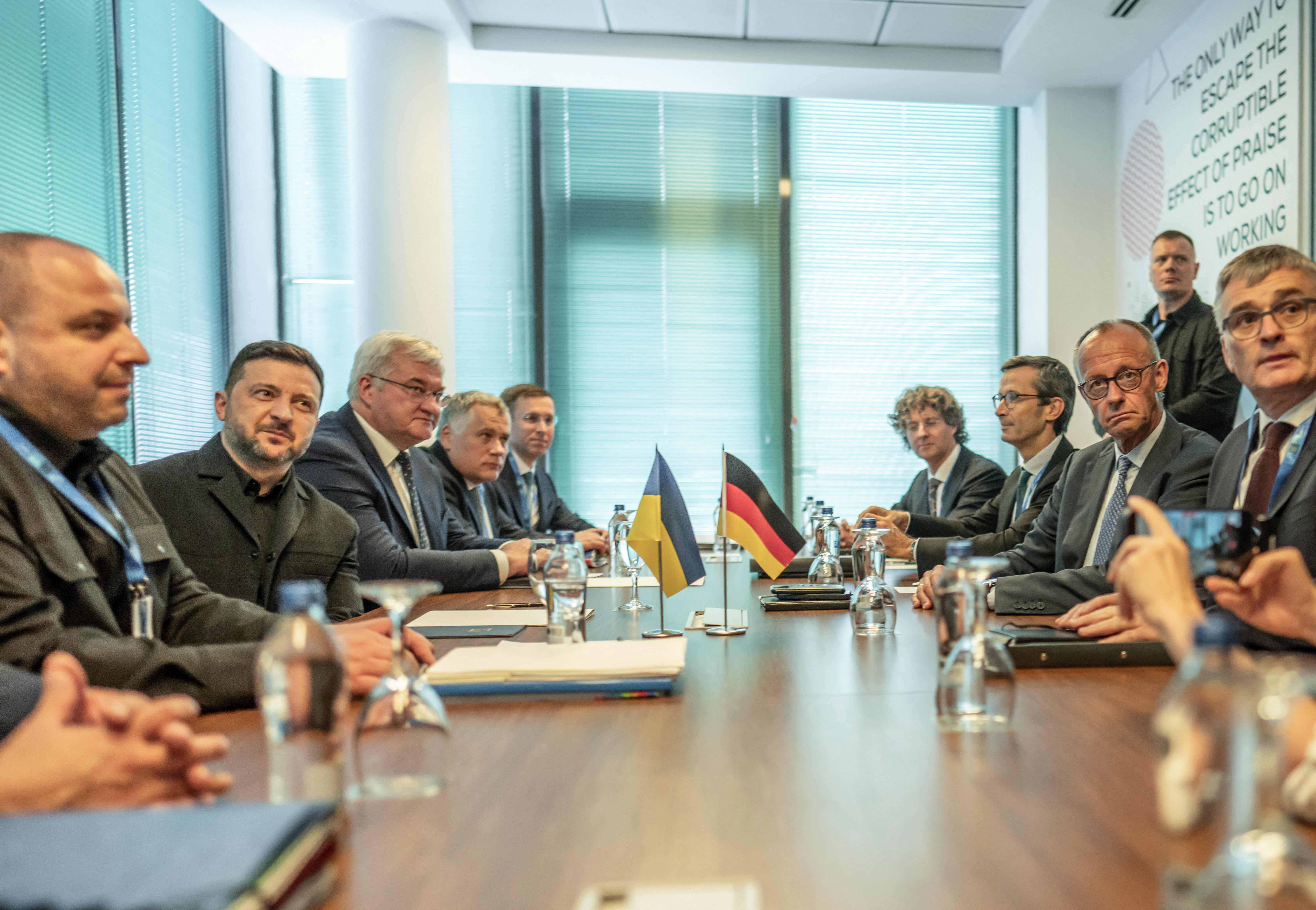 German Chancellor Friedrich Merz (2R) meets with Ukraine's President Volodymyr Zelensky (2L) during a bilateral meeting during the 36th NATO Heads of State and Government Summit in Ankara, on July 7, 2026.