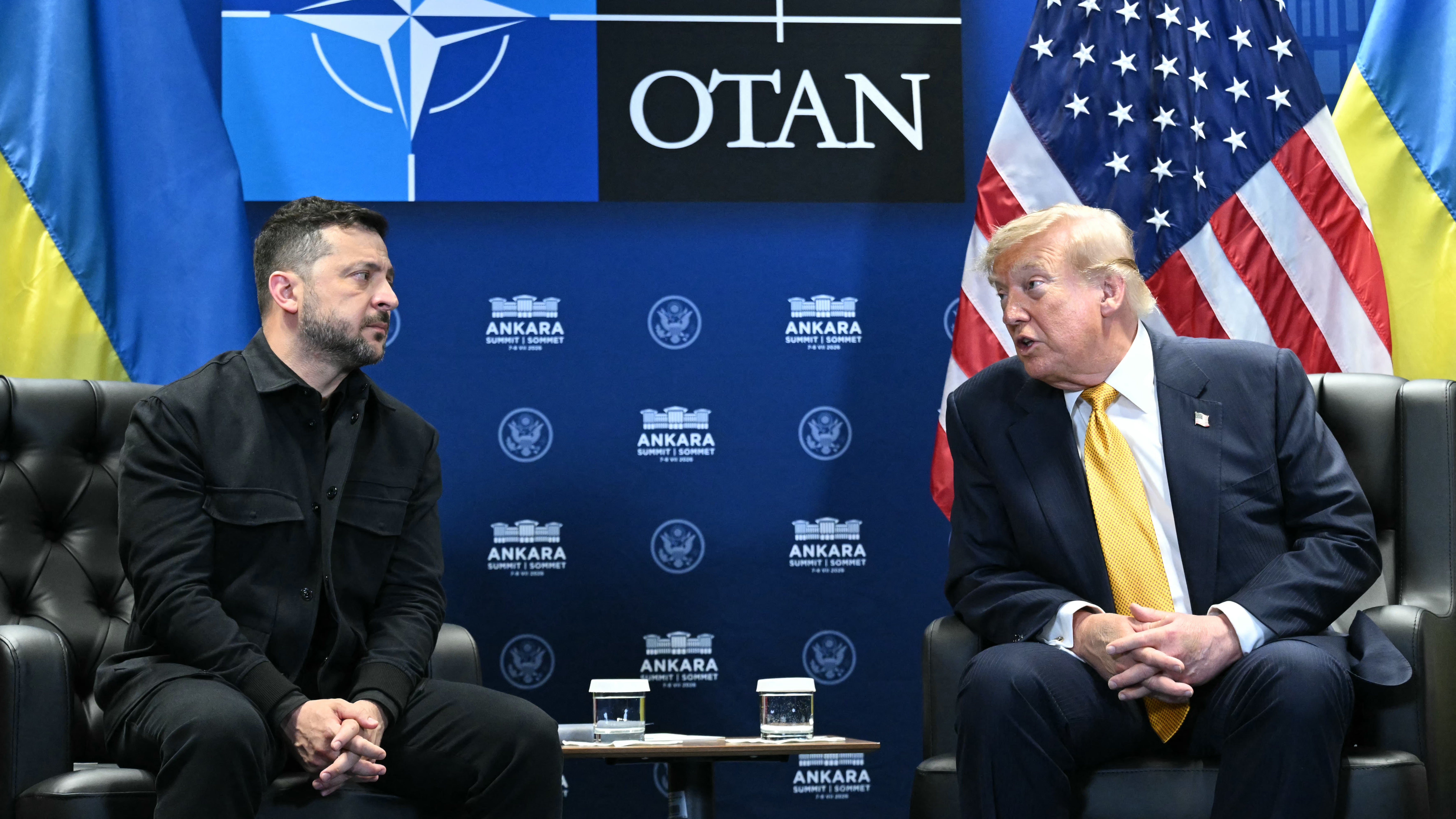 Ukraine's President Volodymyr Zelensky (L) meets with US President Donald Trump on the sidelines of the NATO Summit at Bestepe Presidential Compound in Ankara, on July 8, 2026.