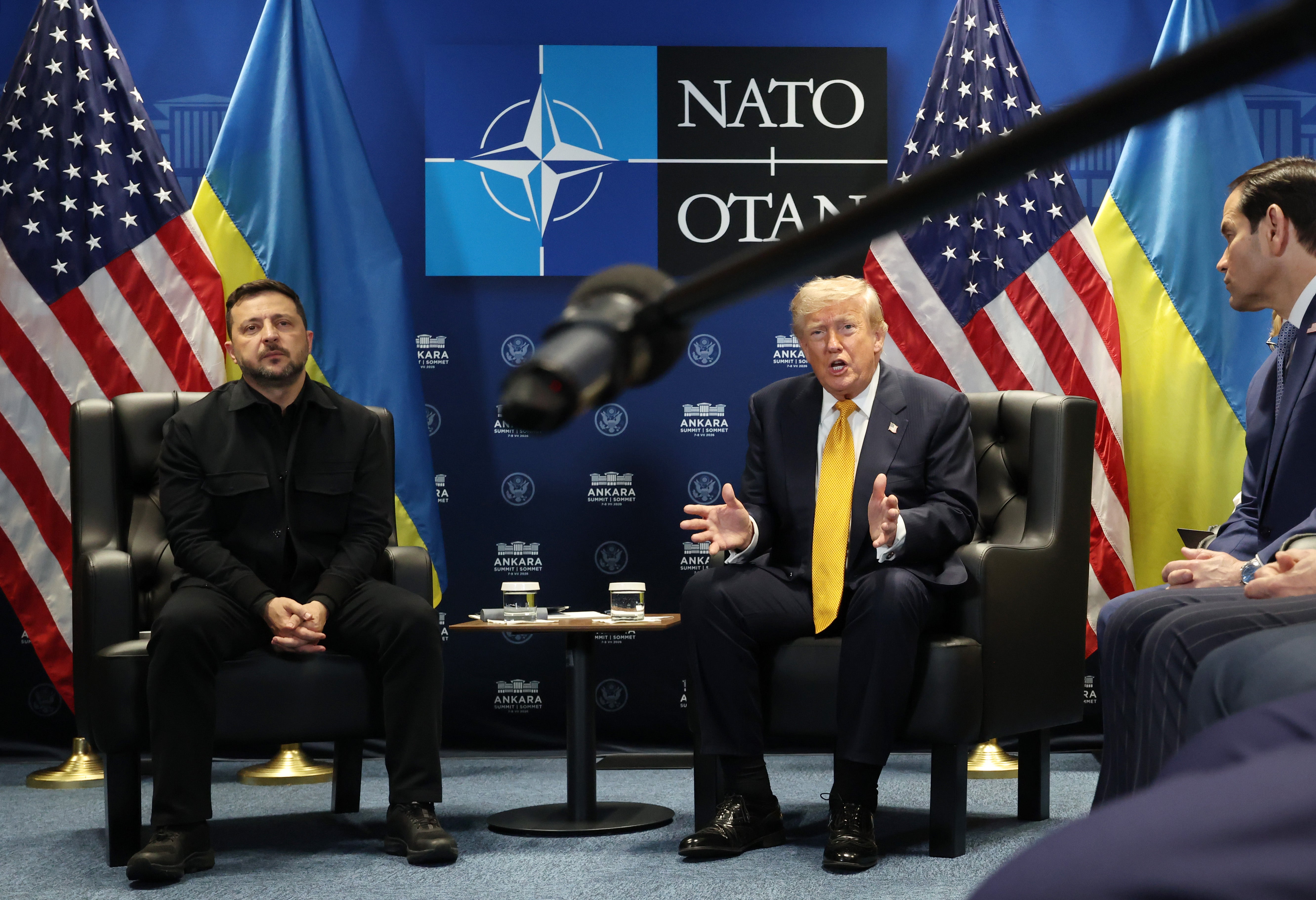 U.S. President Donald Trump (R) meets with Volodymyr Zelenskyy, President of Ukraine (L) for bilateral talks at Beştepe Presidential Compound during the NATO Summit on July 08, 2026 in Ankara, Turkey. Leaders from NATO's 32 countries, plus NATO allies like Ukraine, gathered in the Turkish capital to discuss a range of issues involving spending targets, defence industrial production, and support for Ukraine, among other topics.