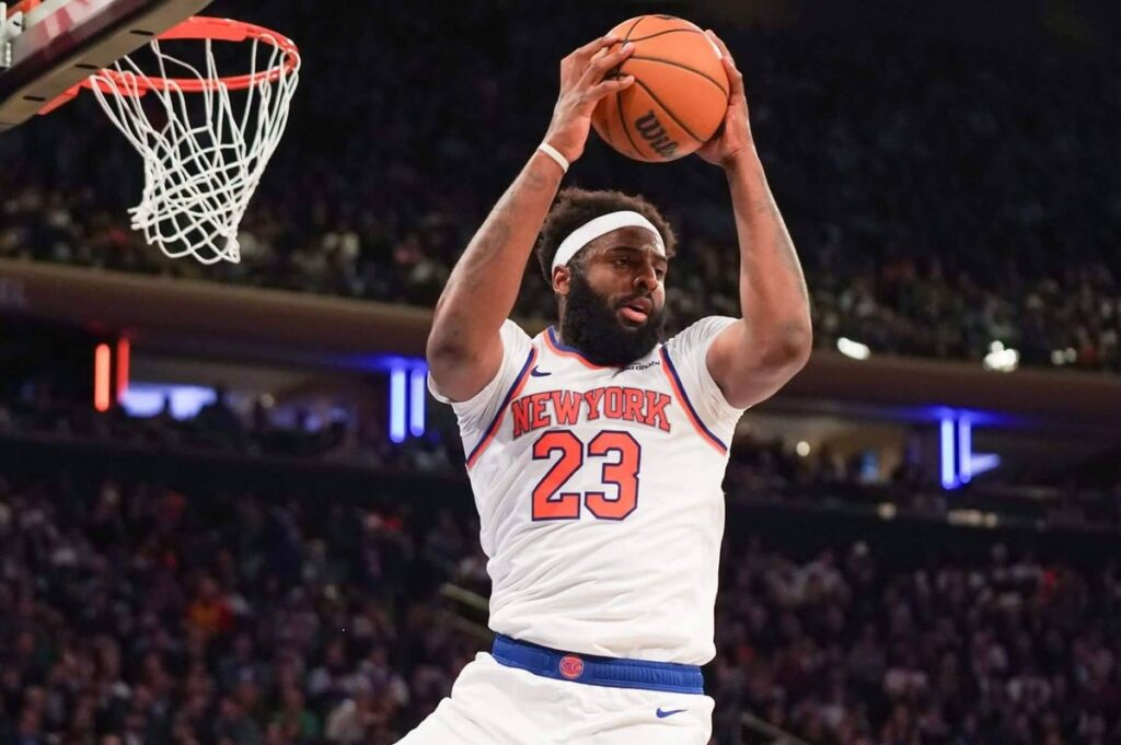 Mitchell Robinson secures a rebound.
