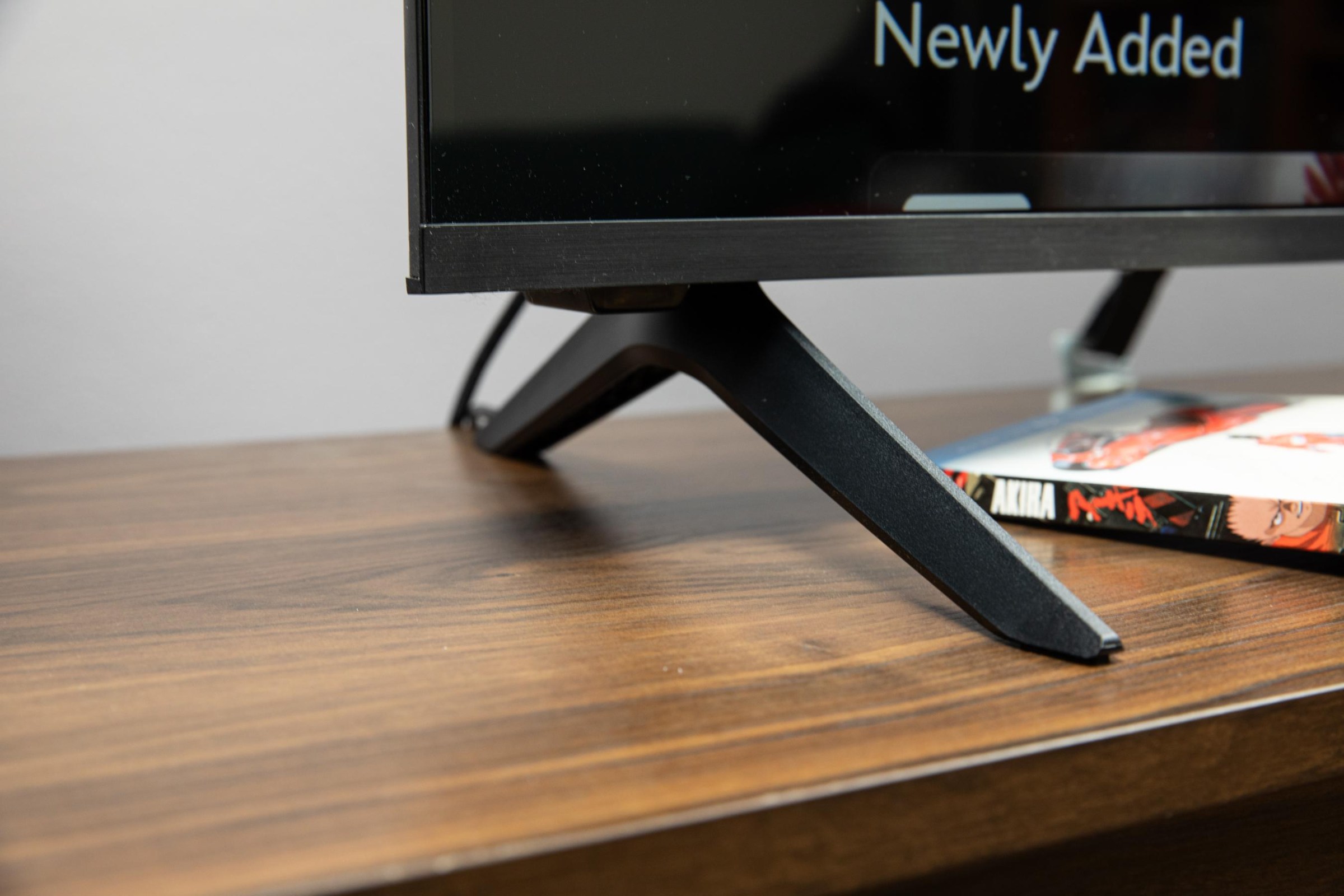 A closeup of one support foot on the Vizio Mini LED TV.