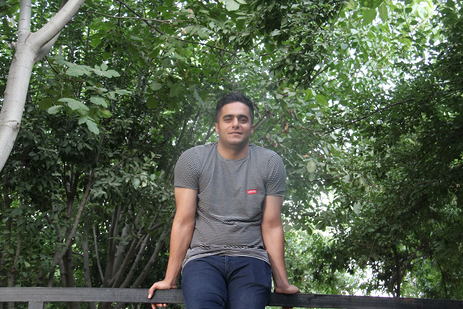 A young man with short dark hair sitting on a dark metal railing. He is wearing a gray and white finely striped crew-neck T-shirt and dark blue jeans, looking directly toward the camera with a neutral expression. The background is filled with dense green foliage and tree branches.