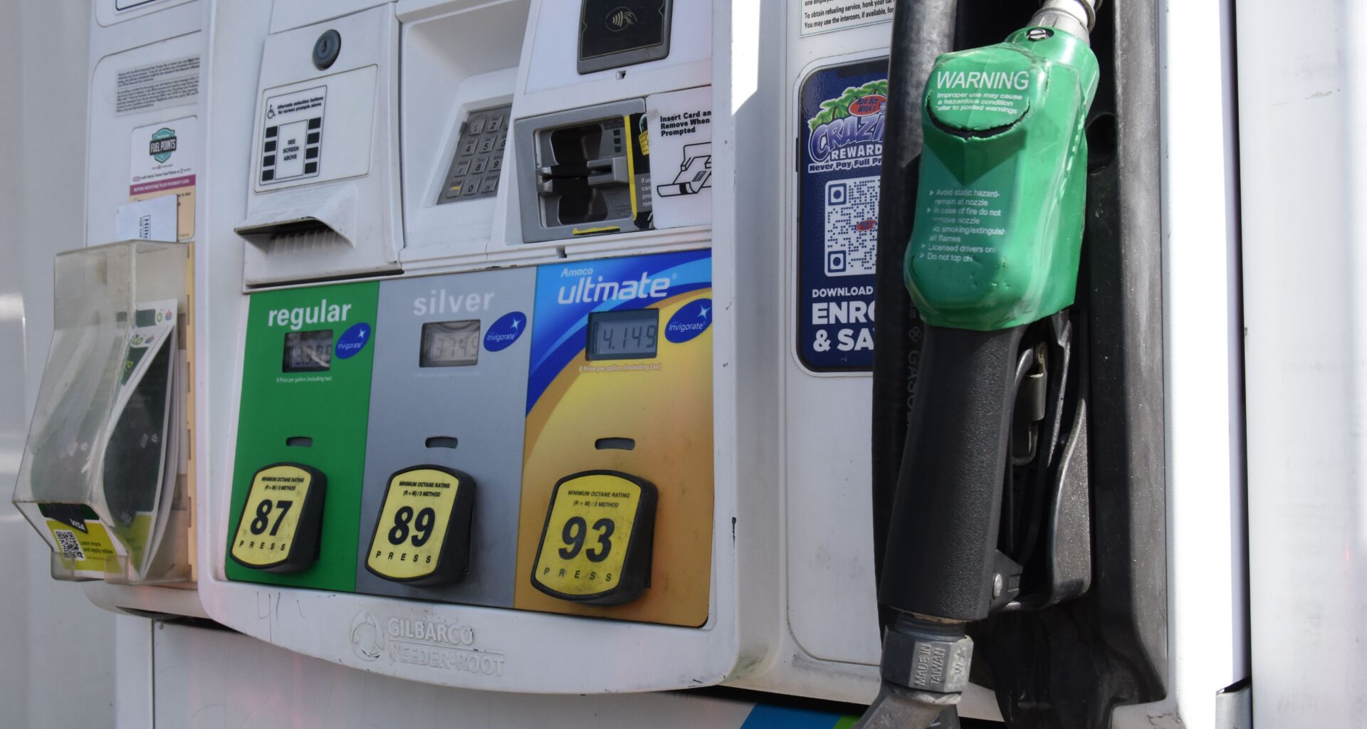 A gas pump at a Raleigh BP station on Hillsborough Street in March 2026.