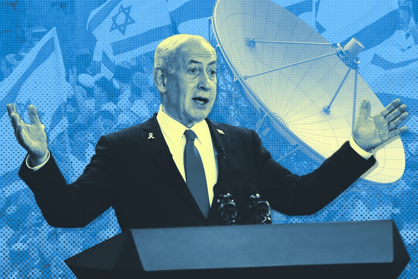 A graphic image depicting Benjamin Netanyahu at a press conference