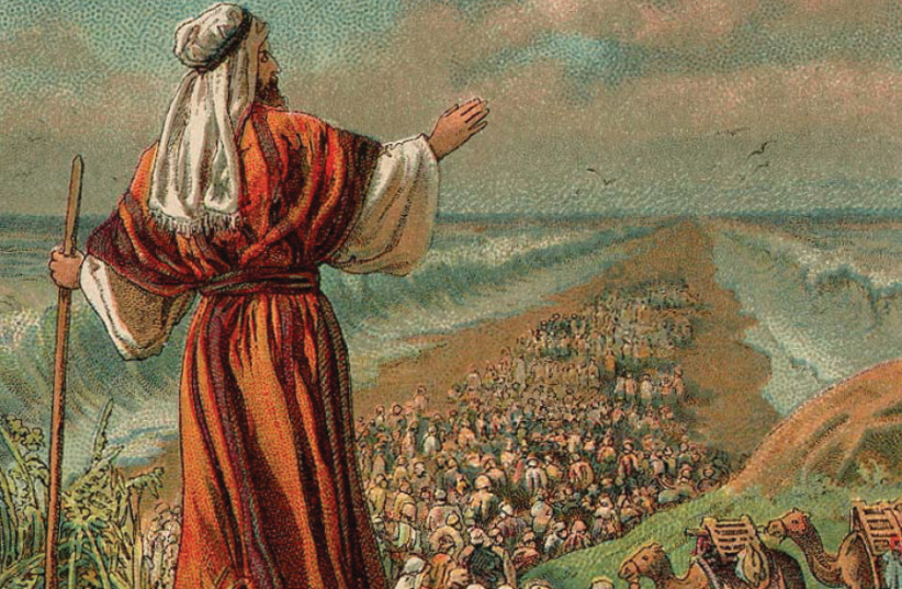 THE PARTING of the Red Sea during the Jewish nation’s escape from Egypt, an illustration from a Bible card published 1907 by the Providence Lithograph Company