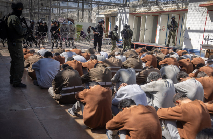 Hamas terrorists who were caught during the October 7 massacre and during the IDF operation in the Gaza Strip, seen at a courtyard in a prison in southern Israel, February 14, 2024