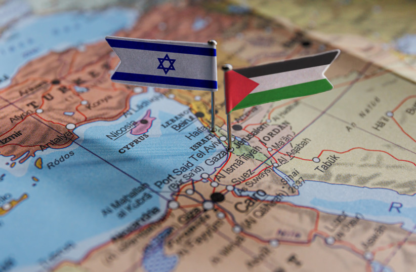 Israel and Palestine flags on geopolitical Map.
