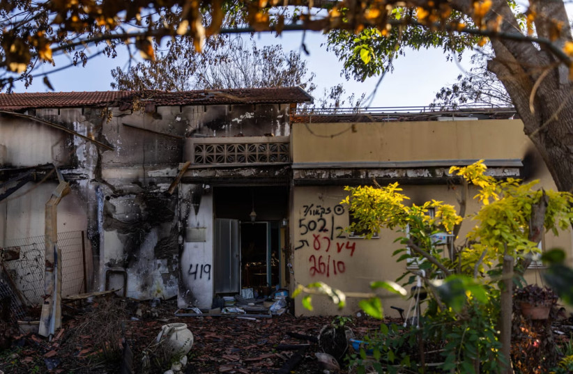 The remains of the destruction caused by Hamas terrorists when they infiltrated Kibbutz Be'eri on October 7, 2023, near the Israeli-Gaza border, southern Israel, as seen on Jan. 4, 2024.