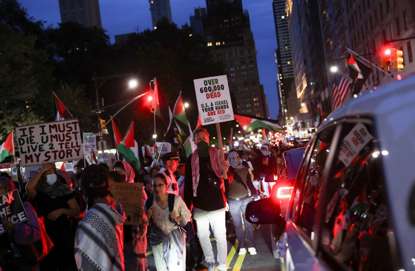 Demonstrators attend a pro-Palestinian protest on the day of the two-year anniversary of the attack on Israel by Hamas, in New York City, US, October 7, 2025. REUTERS