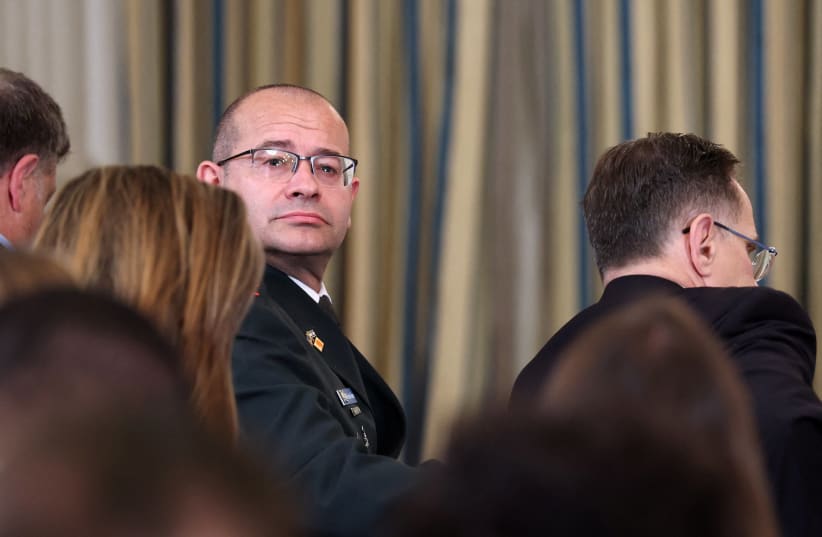 Mossad Chief Roman Gofman waits before a joint press conference of US President Donald Trump and Netanyahu in the State Dining Room at the White House, in Washington, DC, US, September 29, 2025.