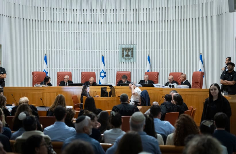 Supreme Court justices preside over a hearing at the High Court of Justice in Jerusalem, December 1, 2025