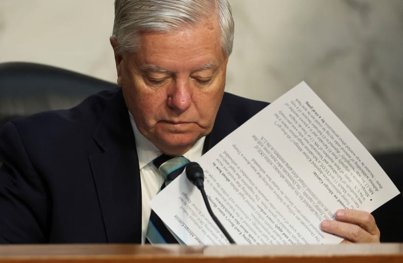 U.S. Senator Lindsey Graham (R-SC) looks over his prepared remarks about Kilmar Abrego Garcia before the start of a Senate Judiciary Committee business meeting on Capitol Hill in Washington, DC, US, July 17, 2025.