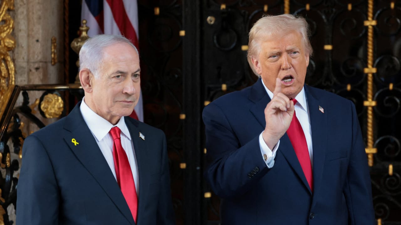 US President Donald Trump and Israeli Prime Minister Benjamin Netanyahu hold a press conference after meeting at Trump’s Mar-a-Lago club in Palm Beach, Florida, US, December 29, 2025.