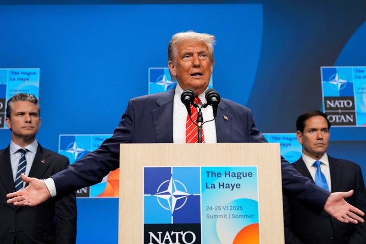 FILE - President Donald Trump speaks during a media conference at the end of the NATO summit as Secretary of State Marco Rubio, right, and Defense Secretary Pete Hegseth listen in The Hague, Netherlands, June 25, 2025. (AP Photo/Alex Brandon, File)