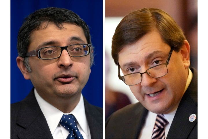 In this combination of photos taken in news conferences in Augusta, Maine, Nirav Shah (left) speaks on April 28, 2020, and Troy Jackson speaks on Jan. 17, 2023. 