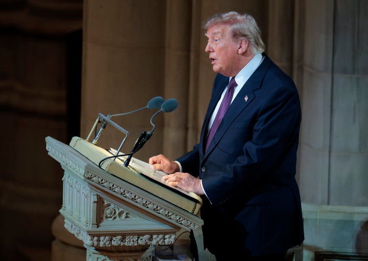 Trump delivers remarks during the funeral service for the late Sen. Lindsey Graham (R-S.C.) at the Washington National Cathedral on July 28, 2026 in Washington, DC.