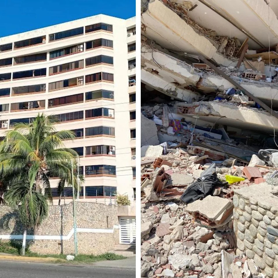 A multi-storey building with a palm tree in the front on the left, with the rubble of the same building on the right