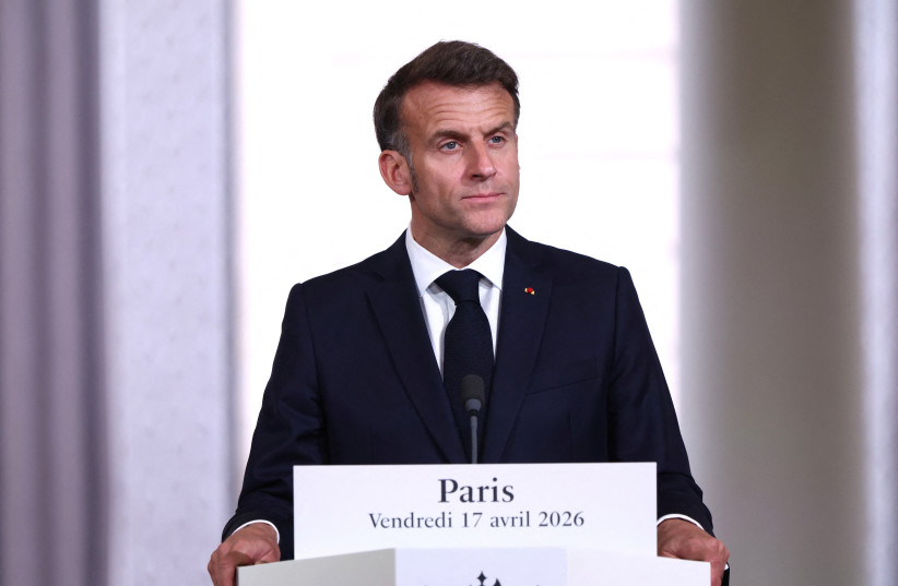 French President Emmanuel Macron attends a press conference after the multinational virtual summit at the Elysee Presidential Palace in Paris, France, April 17, 2026.