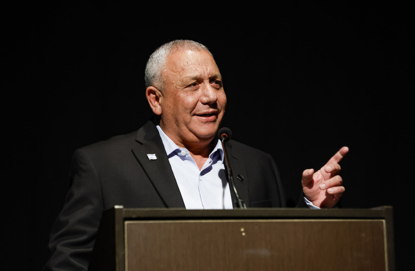 Yashar! Party leader Gadi Eisenkot speaks in Herzliya, April 26, 2026; illustrative.