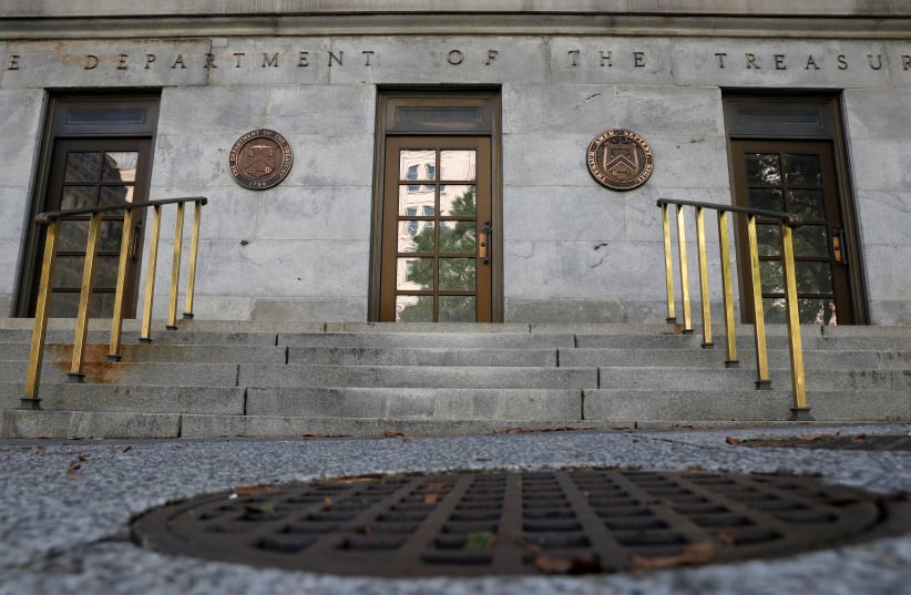Signage is seen at the United States Department of the Treasury headquarters in Washington, DC, US, August 29, 2020.